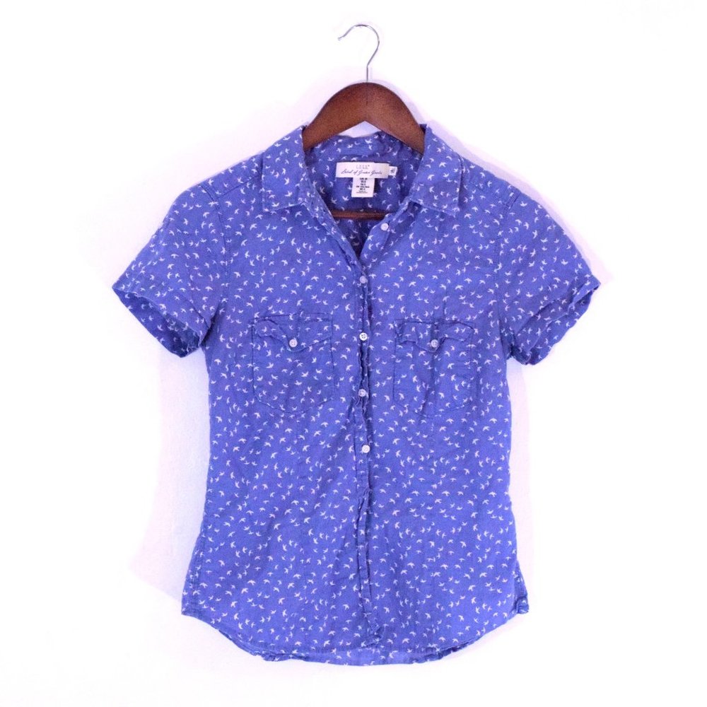 H&M Bird Patterned Blue Button Down 100% Cotton Blouse